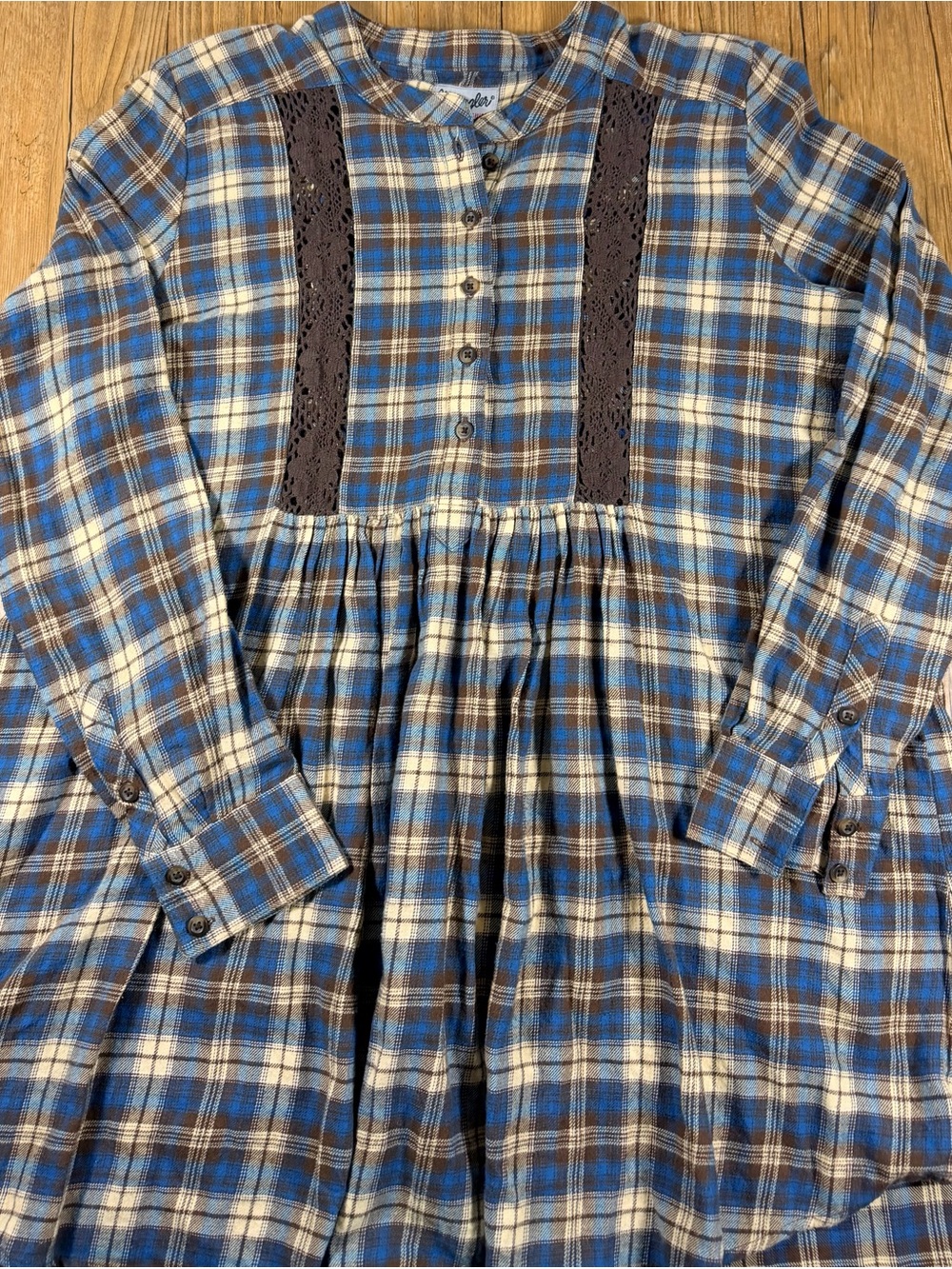 Wrangler Women's M Plaid Babydoll Tunic Top Blue Brown Lace Western Boho
